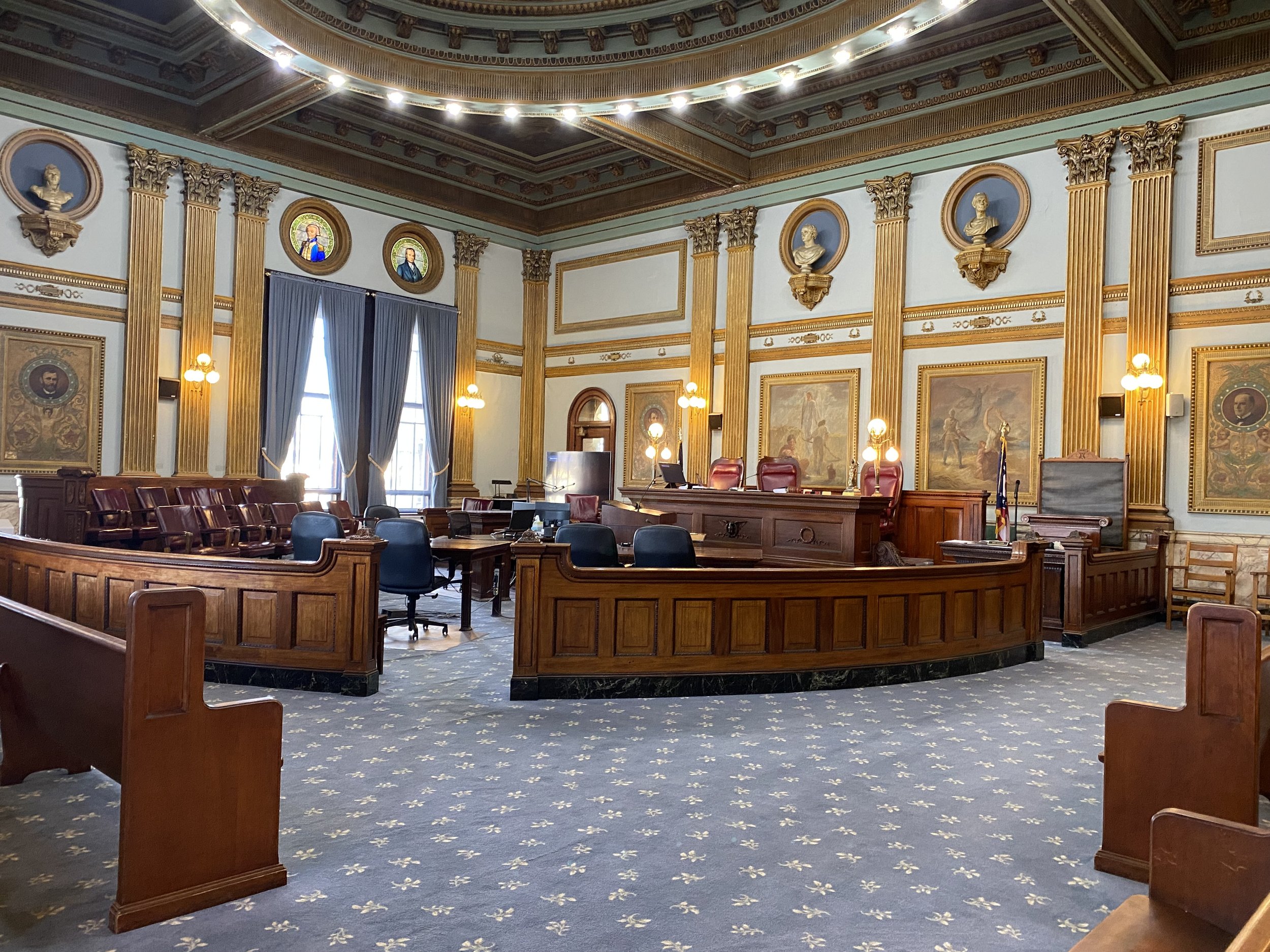 The historic Licking County Courthouse courtroom in Newark, Ohio